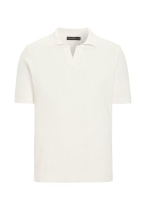 Wit poloshirt met korte mouwen, gestructureerde stof en open kraag, afgebeeld op een effen witte achtergrond.