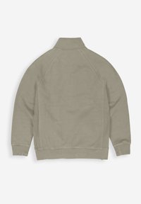 Olivgrüne Fleecejacke mit hohem Kragen, Raglanärmel und gerippten Bündchen, die über eine glatte Textur und unaufdringliche Nähdetails verfügt.