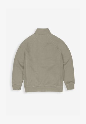 Olivgrüne Fleecejacke mit hohem Kragen, Raglanärmel und gerippten Bündchen, die über eine glatte Textur und unaufdringliche Nähdetails verfügt.