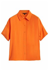 Short-sleeved orange shirt made of smooth fabric. Features a collar and front button closure with five matching buttons. Simple cut.