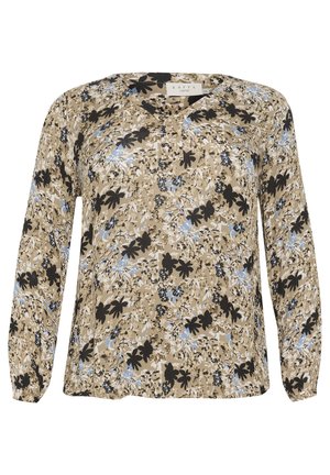 Pitkähihainen paita, joka on valmistettu pehmeästä kankaasta. Paidassa on beige tausta, jossa on mustia ja vaaleansinisiä kukkakuoseja, sekä V-mallinen kaula-aukko.