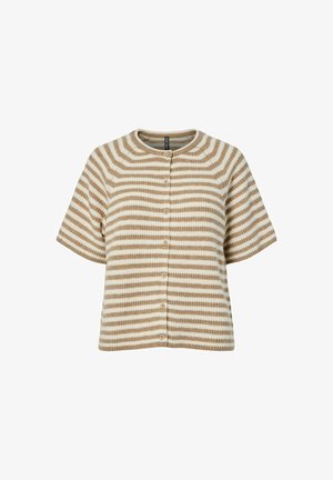 Īsroku adīts kardigans ar horizontālām svītrām bēšā un baltā krāsā, apaļu kakla izgriezumu un priekšpuses pogu aizdari.