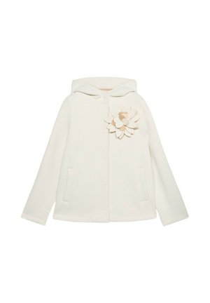 Chaqueta blanca con capucha hecha de tejido texturizado, que presenta un acento decorativo en forma de flor crema y bolsillos laterales.