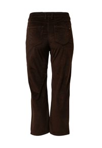 Pantalon en velours côtelé brun foncé à coupe droite, avec deux poches arrière, passants de ceinture et taille mi-haute, vu de dos.