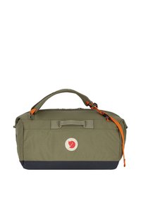 Borsa duffel verde oliva con fondo blu navy, maniglia superiore, tracolla arancione removibile e un logo circolare con una volpe rossa.