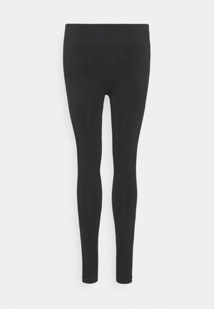 Sorte leggings med høj talje, strækbart materiale og en glat tekstur. Ingen synlige mønstre eller hardware detaljer.