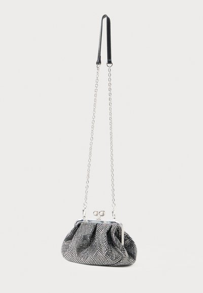 Black and silver mesh clutch bag with a gathered design, featuring a metallic frame and chain strap. Smooth texture with sparkling accents.