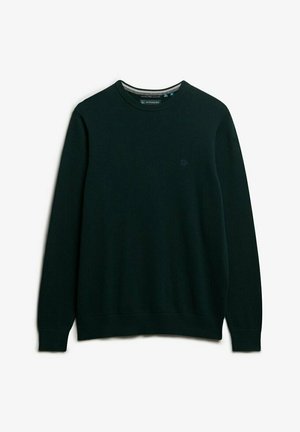 Suéter de punto verde oscuro con cuello redondo, mangas largas y puños y dobladillo acanalados. Sutil detalle de logo en el pecho.