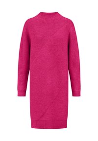 Abito maglione fucsia con collo alto a costine e maniche lunghe. Presenta pannelli testurizzati diagonali per un interesse visivo.