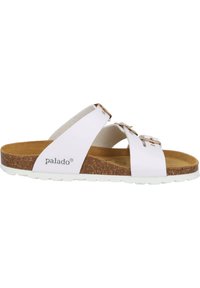 White two-strap sandal with gold hardware accents, cork footbed, and white rubber sole. Features a smooth finish and comfortable design.