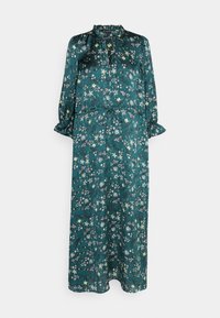 Vestido largo floral verde, confeccionado en una tela suave, con un escote alto, largas mangas abullonadas y una cintura ajustable con cordón que presenta detalles de volantes.