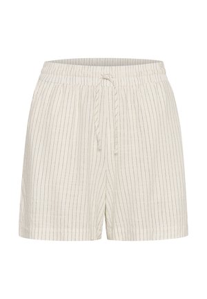 Linnedragt med elastisk talje, justerbar snor og lodrette striber i creme og marineblå. Blød tekstur, afslappet design, knælængde.