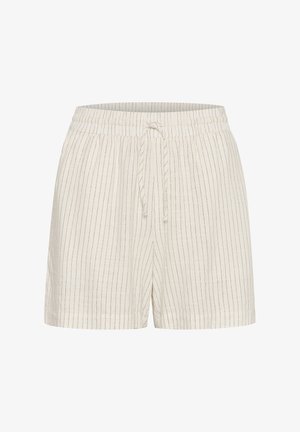 Linnedragt med elastisk talje, justerbar snor og lodrette striber i creme og marineblå. Blød tekstur, afslappet design, knælængde.