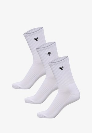 Three pairs of white socks with ribbed texture and a black bee logo on the side, featuring a classic crew length design.