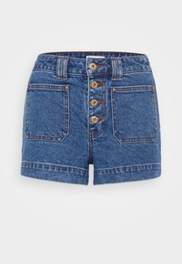 Džínové šortky s vysokým pasem, pětiknopovým zapínáním vpředu, dvěma předními kapsami a ohrnutým lemem. Barva: středně modrá s jemným blednutím.