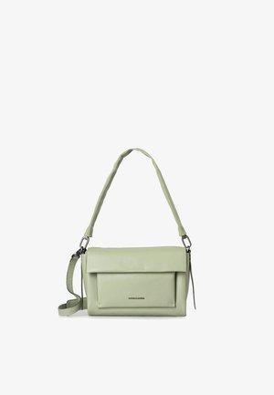 Light green rectangular shoulder bag with front flap pocket, adjustable strap, and subtle brand logo on front.