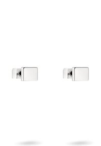 Silverfärgade rektangulära manschettknappar med högpolerad yta, prydda med en märkestext, släta kanter och en diskret baksidesfäste.