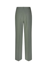 Green tailored pants with a straight-leg design, featuring two back pockets and a smooth texture. Decorative stitching along the seams.
