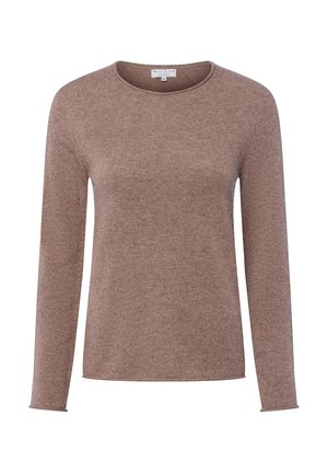 Brown long-sleeve sweater with a round neckline, made from soft, textured material. Features a simple, minimalist design without embellishments.