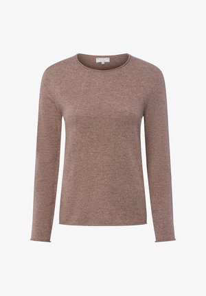 Brauner Langarmpullover mit Rundhalsausschnitt, aus weichem, strukturiertem Material gefertigt. Verfügt über ein einfaches, minimalistisches Design ohne Verzierungen.