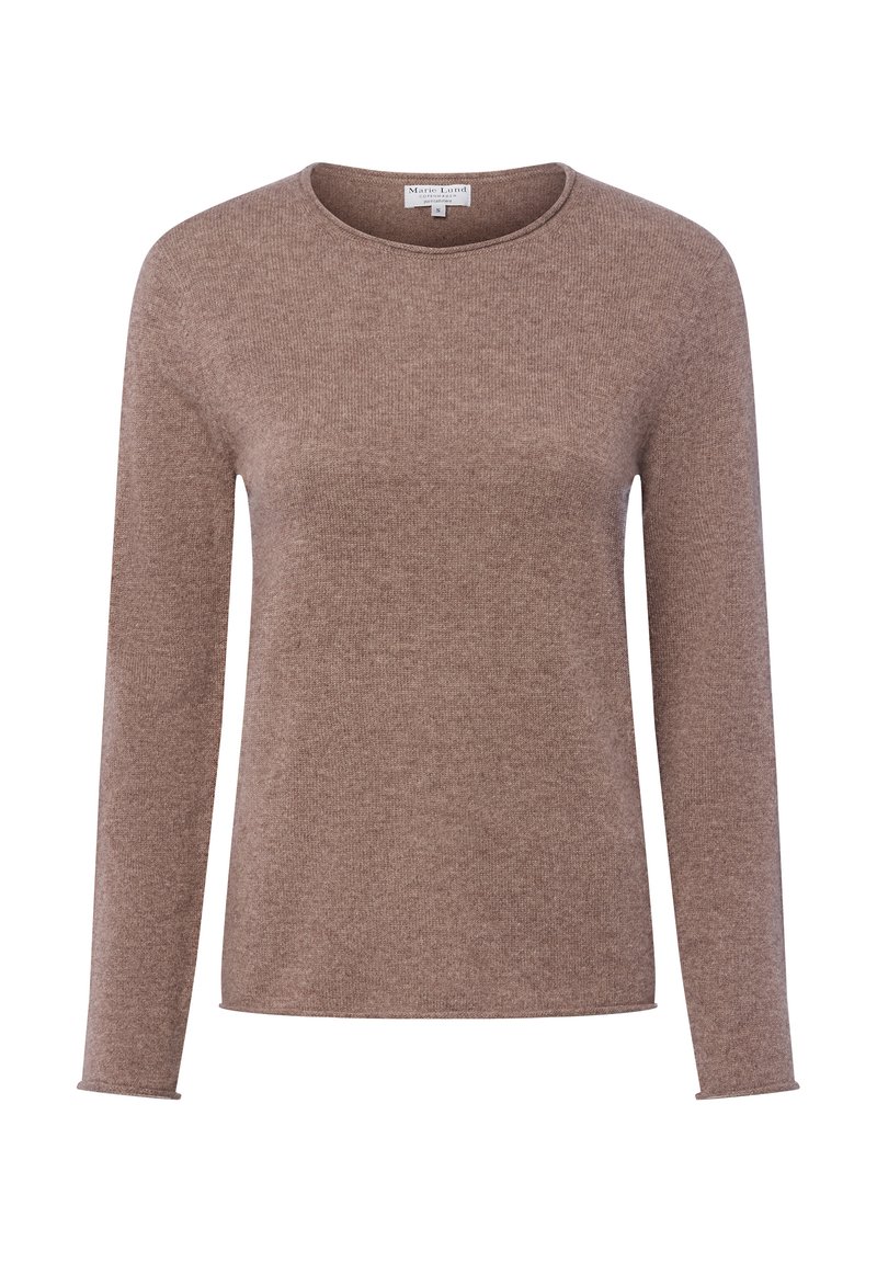 Brauner Langarmpullover mit Rundhalsausschnitt, aus weichem, strukturiertem Material gefertigt. Verfügt über ein einfaches, minimalistisches Design ohne Verzierungen.