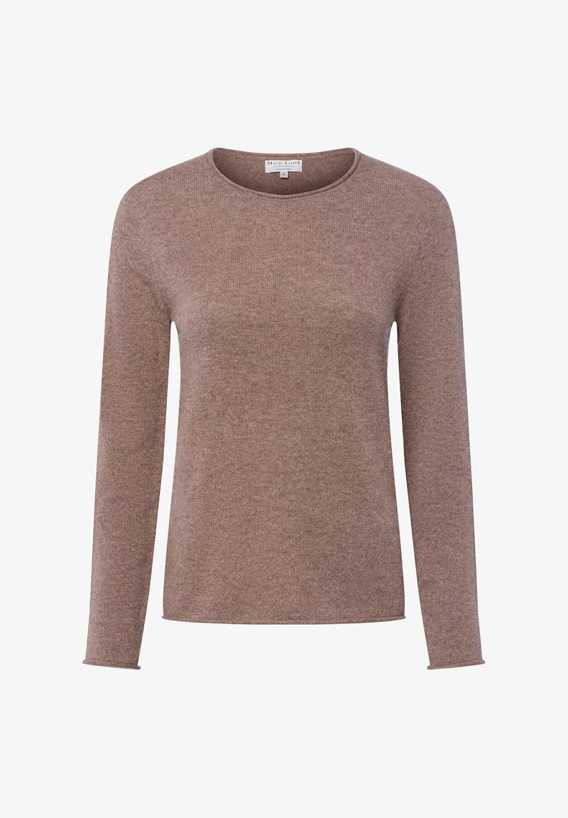 Brauner Langarmpullover mit Rundhalsausschnitt, aus weichem, strukturiertem Material gefertigt. Verfügt über ein einfaches, minimalistisches Design ohne Verzierungen.