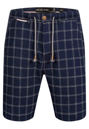 Granatowe szorty w kratę wykonane z lekkiego materiału, z regulowanym paskiem w talii, zapięciem na guzik i kontrastującymi białymi liniami w wzór siatki.