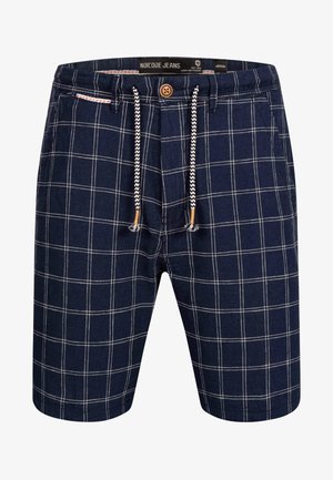 Granatowe szorty w kratę wykonane z lekkiego materiału, z regulowanym paskiem w talii, zapięciem na guzik i kontrastującymi białymi liniami w wzór siatki.