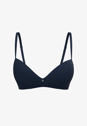Soutien-gorge bleu marine avec un motif texturé en forme de vagues, des bretelles fines et réglables, et un petit accent métallique au centre avant.