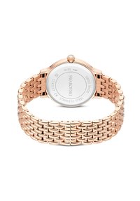 Horloge van roestvrij staal met roségoud, een ronde kast, een mesh-armbandontwerp en een decoratieve kristal op de kroon. Waterbestendig tot 50 m.