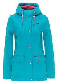 Teal regnjacka med huva och rosa fleecefoder, vita och svarta snoddar, klafffickor och knappstängning framtill.