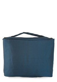 Bolsa térmica azul aislada con una tela texturizada, forma rectangular, asa superior y cierre con cremallera para un fácil acceso.