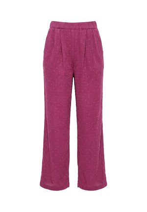 Pantalones de pierna ancha morados de cintura alta con un patrón de puntos texturizados y plisados al frente, mostrados sobre un fondo blanco.