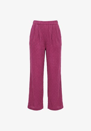 Lilla bukser med høj talje og vide ben, prydet med et tekstureret prikmønster og plisseringer foran, vist på en hvid baggrund.