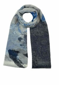 Écharpe multicolore présentant un dégradé de gris, bleu et marine. Texture douce avec des motifs abstraits et un design léger et fluide.