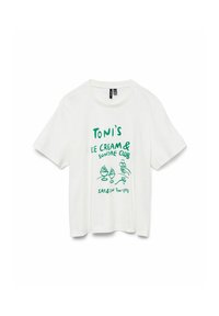 Witte T-shirt met korte mouwen, versierd met groene grafische tekst en illustraties van ijsjes, met details over openingstijden eronder.