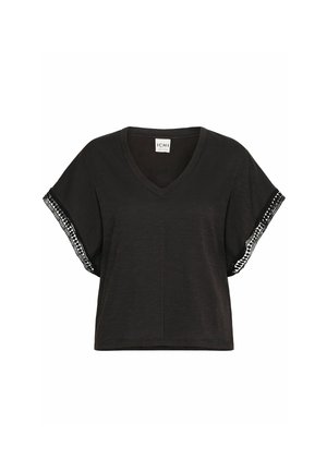 Top corto nero a maniche corte con scollatura a V e dettagli in pizzo sulle maniche. Realizzato in tessuto morbido con una vestibilità ampia e rilassata.