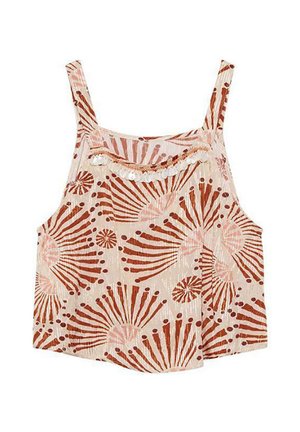 Top sin mangas en un tono beige claro con un patrón de rayos de sol en rojo, con un escote fruncido y un adorno de pequeñas cuentas blancas.