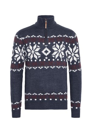 Navy blue knit sweater with a high collar, half-zip, and white snowflake patterns accented with red around the chest and sleeves.