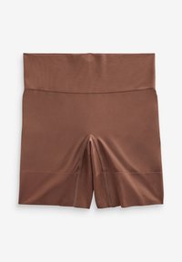 Shorts de cycliste marron taille haute sans coutures avec une large ceinture et longueur mi-cuisse sur fond blanc.