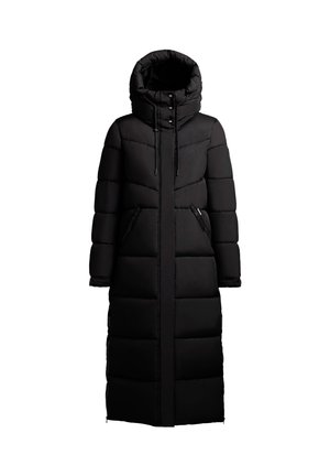 Cappotto imbottito lungo nero con cappuccio alto, caratterizzato da un motivo trapuntato, tasche con cerniera e regolazioni con coulisse. Materiale liscio e isolante.