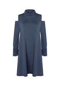 Langärmliges Kleid in Dunkelblau mit hohem Ausschnitt, einem ausgeschnittenen Schulterdesign und gerafften Ärmeln, die seitlich in den Körper integriert sind.