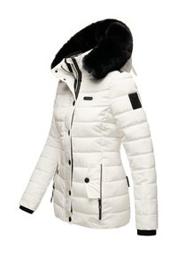 White puffer jacket with a detachable black fur hood, quilted texture, front zipper, and button closures, featuring black accents and pockets.