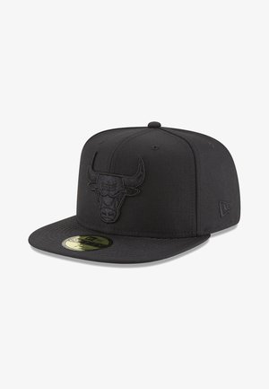 Black baseball cap with an embroidered bull logo on the front, flat visor, fabric texture, and adjustable back closure.