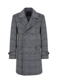 Szary dwurzędowy płaszcz z wzorem w ząbkowaną kratę, szerokimi klapami, czterema guzikami i regulowanymi mankietami.