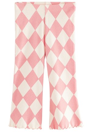 Rosa og hvide leggings med diamantmønster, ribbet tekstur og flared kanter. Strækbart materiale, der er velegnet til forskellige aktiviteter.