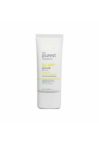 Zonnebrandcrème tube met een witte behuizing en grijze tekst. Heeft gele accenten, SPF 50-label en details over hydraterende ingrediënten.