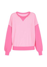 Felpa rosa con maniche lunghe, caratterizzata da un design a blocchi di colore. Texture morbida con sfumature contrastanti di rosa chiaro e rosa acceso, scollo rotondo.