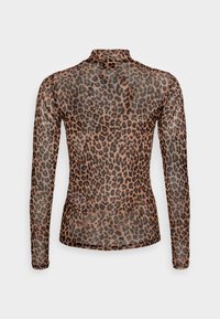 Langärmliges Oberteil mit hohem Kragen, aus durchsichtiger Stoffqualität mit einem braun-schwarzen Leopardenmuster. Strukturiertes und figurbetontes Design.