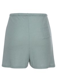 Svetlozelené šortky vyrobené z textúrovaného materiálu s pásom a zadnou vreckom. Dizajn obsahuje jemný rebrovaný vzor.